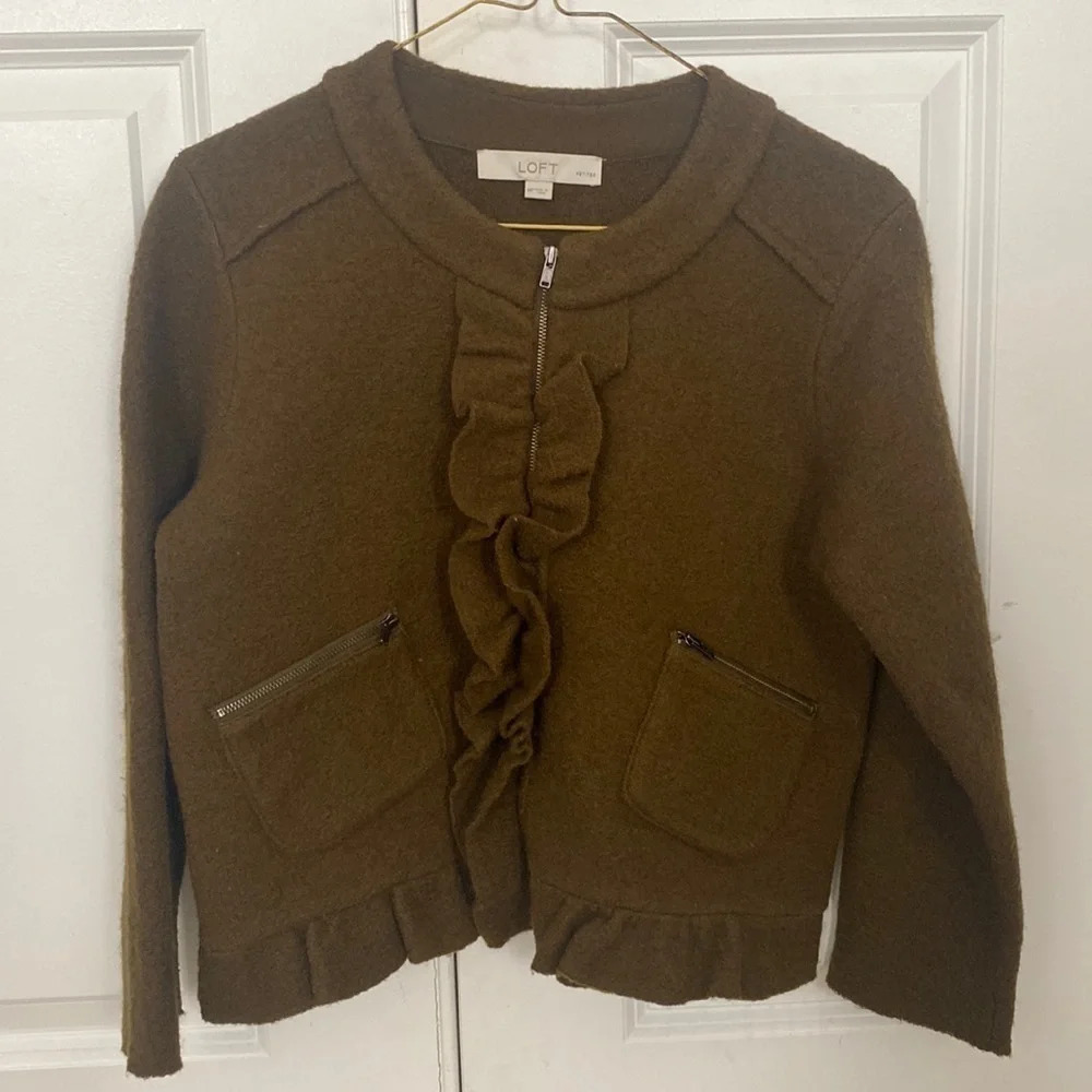 LOFT Olive Green Ruffle Front Wool Blend Sweater Jacket